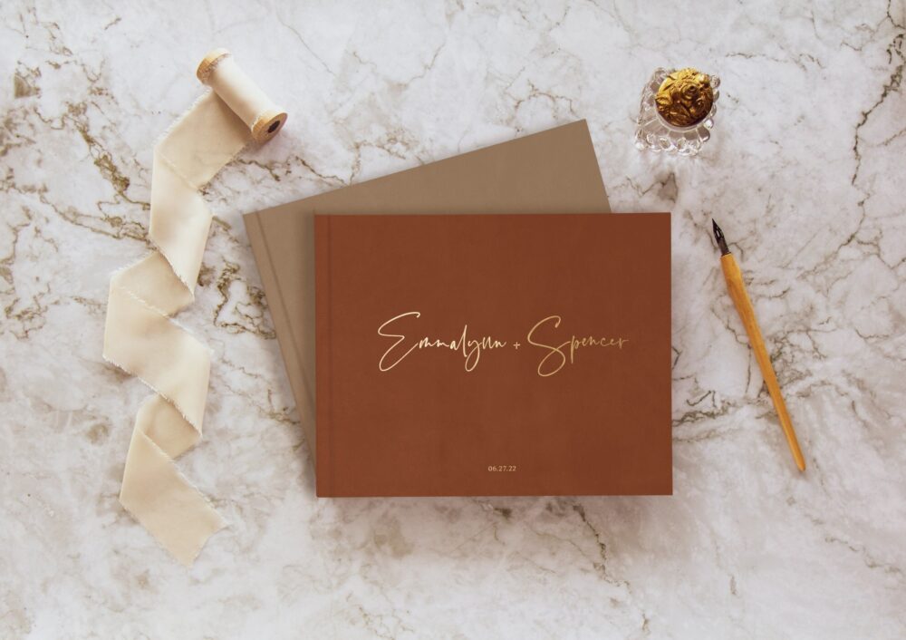Wedding Guest Book, Boho Neutral Colors, Custom Landscape Hardcover With Gold Silver Rose Foil, Minimalist Guestbook For Your Reception