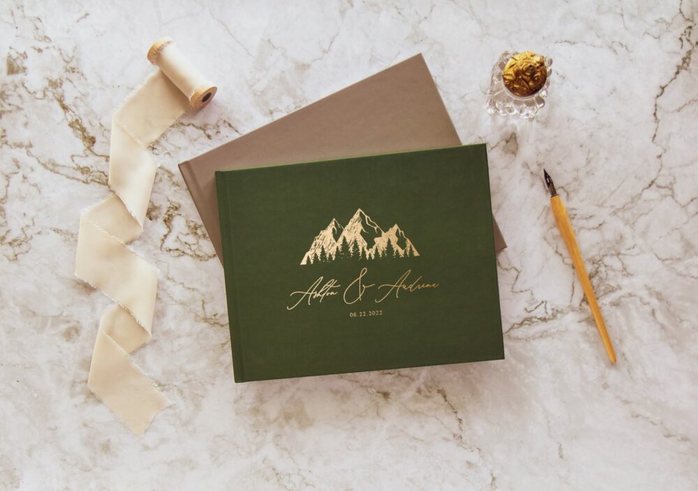 Wedding Guest Book, Boho Neutral Colors, Custom Landscape Hardcover With Gold Silver Rose Foil, Mountain Guestbook For Your Reception