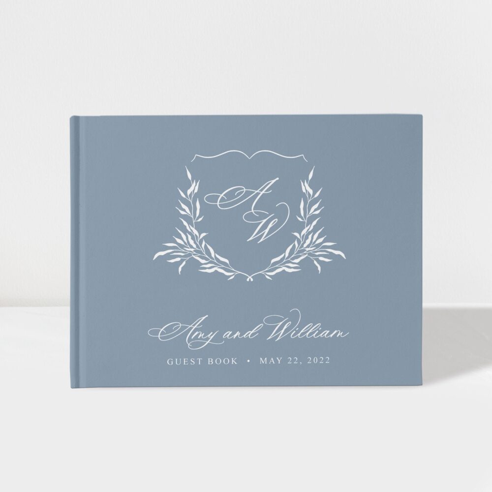 Wedding Guest Book | Crest Monogram Dusty Blue & White 50 Sheets Of Paper Color Choices Available Design A039