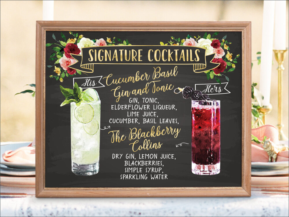 Digital Printable Wedding Bar Menu Sign, Botanical Signature Drinks Cocktails Signs, His & Hers Chalkboard Christmas New Year Idm22