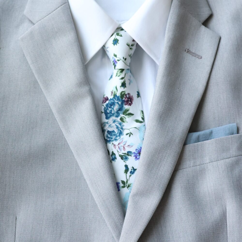 Ellis Dusty Blue Floral Men's Skinny Tie & Pocket Square Set| | Wedding Groom Groomsmen Set Spring