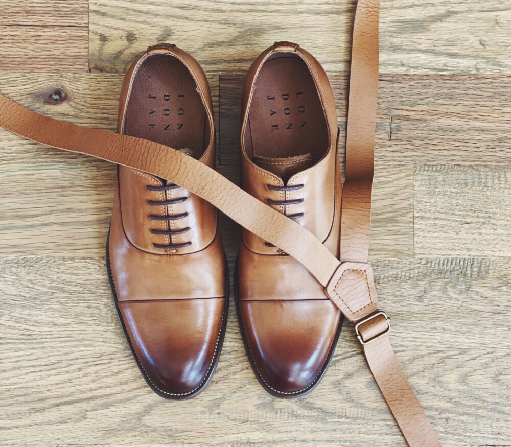 Brown Faux Leather Suspenders With Matching Groomsmen Shoes Designed For Wedding Groom, Groomsmen