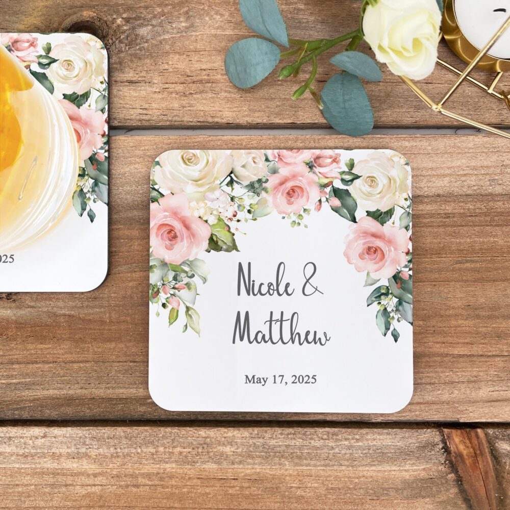 Personalized Wedding Coasters, Pink & White Floral Coaster, Favors, Reception Table Setting Decor, Spring Wedding, Summer