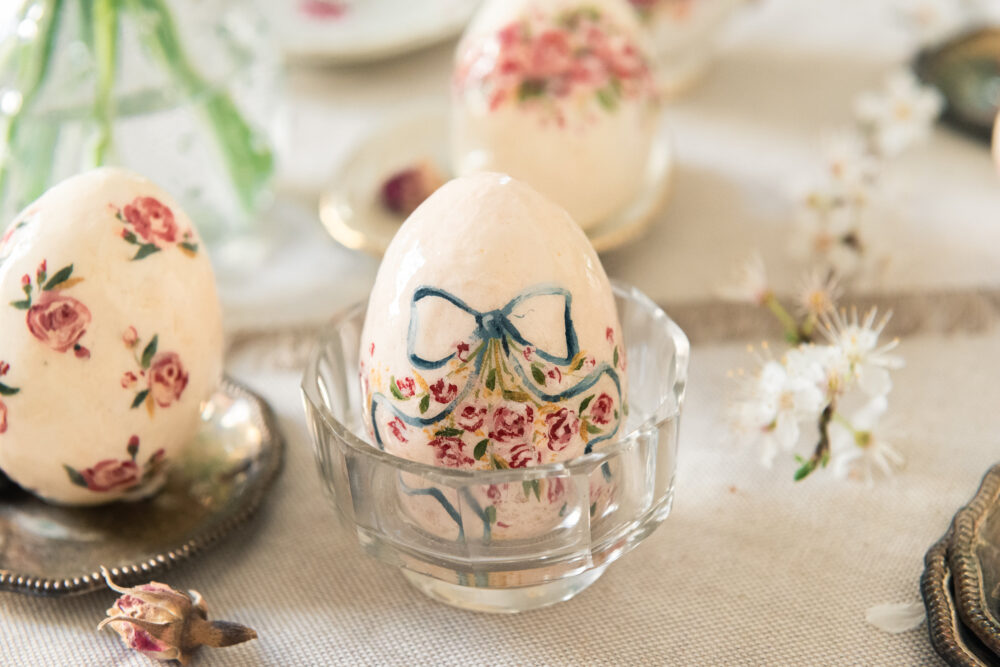 Vintage Style Easter Egg, Hand Painted Egg With Bow & Roses, Spring Decoration, Cotton Wool Ornament