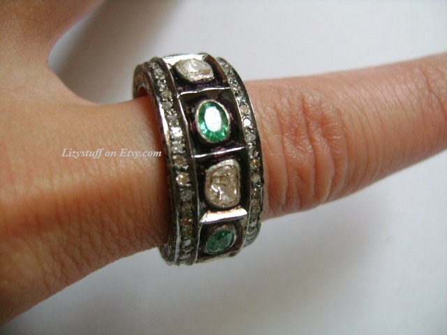 5 Carat Old European Dutch Rose Cut Diamonds&colombian Green Emeralds 14K Yellow Gold & Sterling Silver Anniversary Eternity Band Ring Sz8