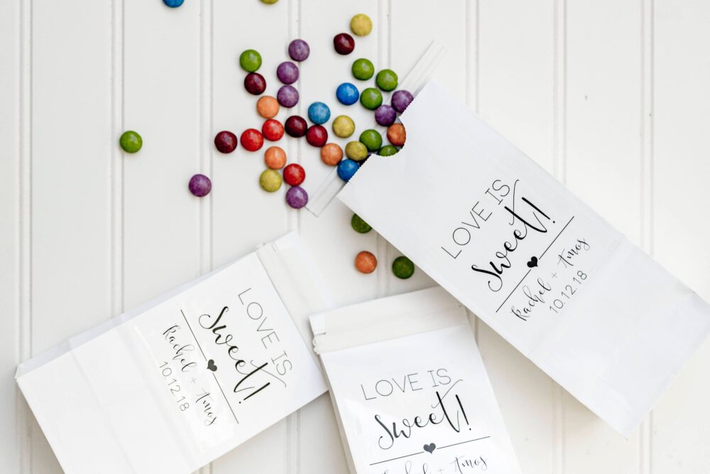 Love Is Sweet Tin Tie Wedding Favor Bags - Candy Buffet Bags, Donut Favors, Popcorn Bridal Shower Favors, Cookie Bag