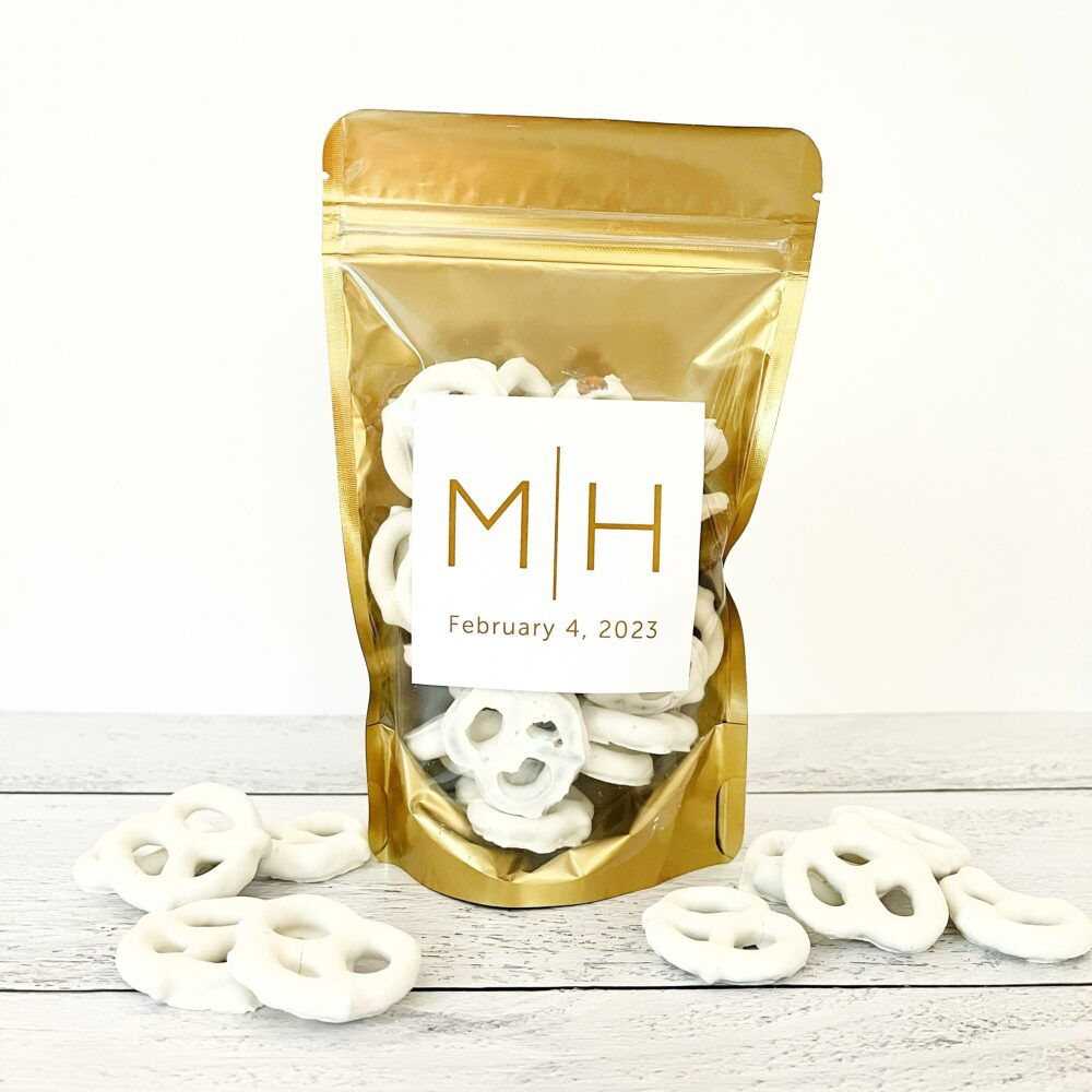 Personalized Initials Wedding Favors For Guests - Candy, Popcorn, Pretzel, Treat Gift Bags // Stand Up Zip Pouch With Labels