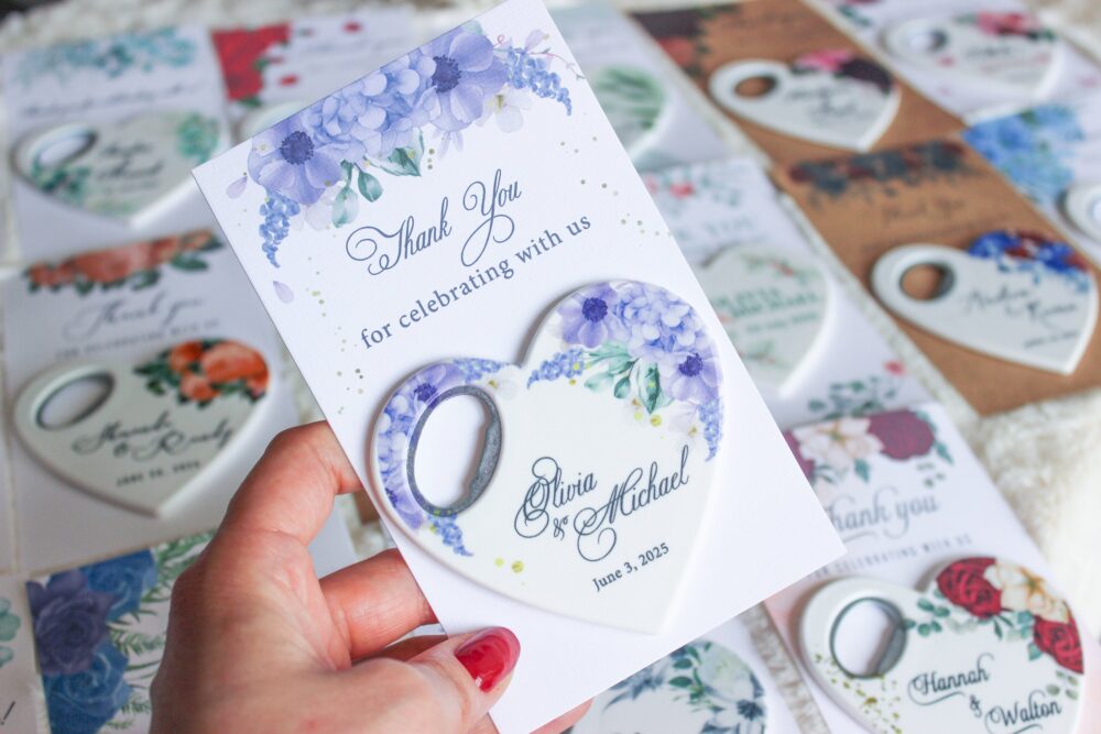 Personalized Purple Floral Wedding Favor Bottle Opener - Rustic Bridal Party Gift