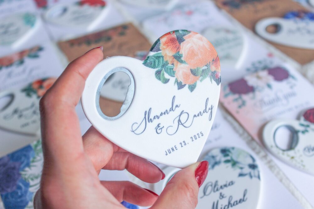 Customizable Orange Floral Wedding Favor Bottle Opener - Personalized Keepsake For Guests