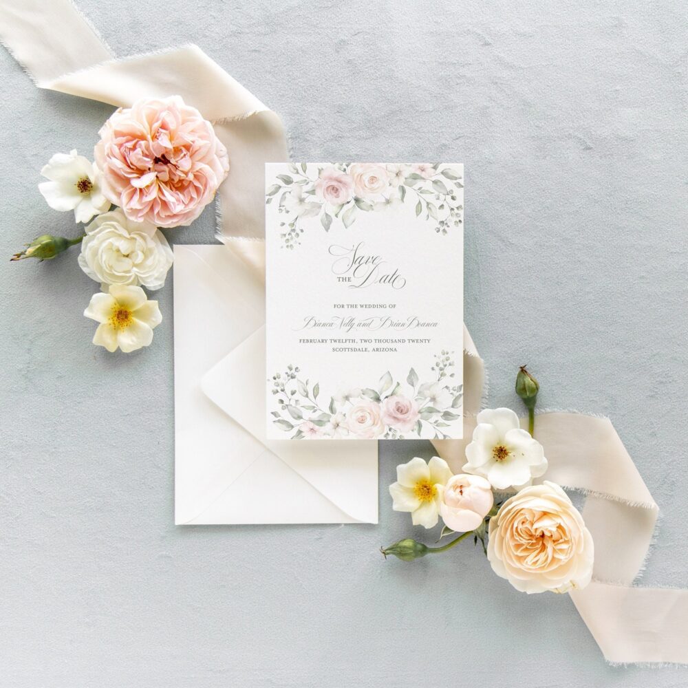 Dusty Rose & Sage Green Floral Save The Date. Romantic Watercolor Save Date. Our Elegant Printed