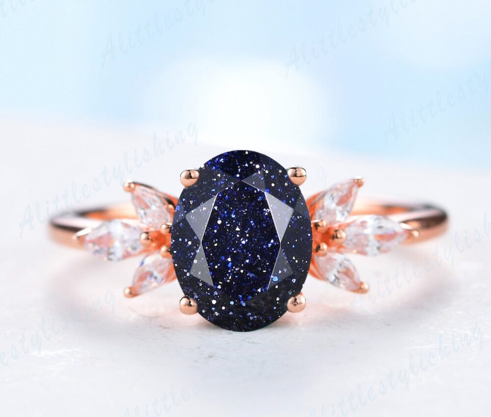 Art Deco Blue Sandstone Engagement Ring Rose Gold Vintage Oval Galaxy Unique Marquise Flower Wedding Promise Anniversary