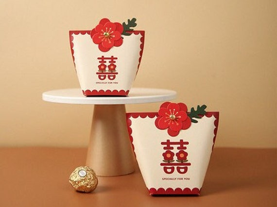 100 X Wedding Favor Box - Modern Chinese Double Happiness Red Floral Pattern Small