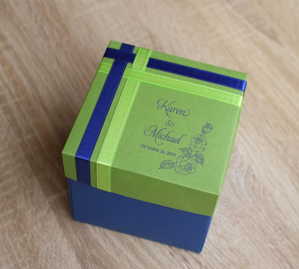 Elegant Wedding Favor Boxes, Customized Bridesmaid Gift Boxes Blue & Green Thank You With Ribbon, 10 Boxes 4x4x4", Cupcake Box
