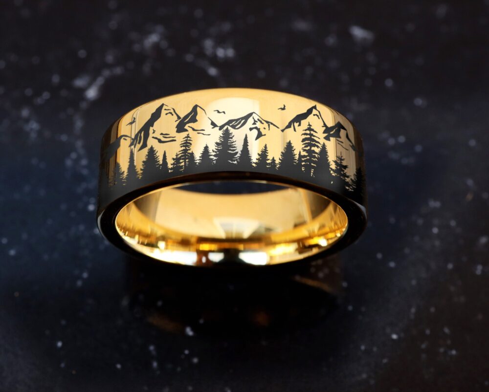 Mountain Scene Wedding Band, Tree Line Nature Ring, Birds Forest Wilderness Wildlife Jewelry 8mm