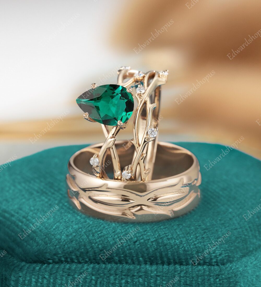 3Pcs Couples Ring Set For Men & Women, Emerald Engagement Ring Set, Men Wedding Band, Vintage Diamond Bridal Set