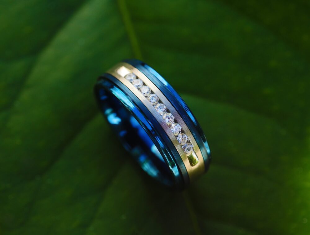 Blue Polished Edge Tungsten Ring, Channel Diamond Wedding Band, With Trim Men's Band - 8mm