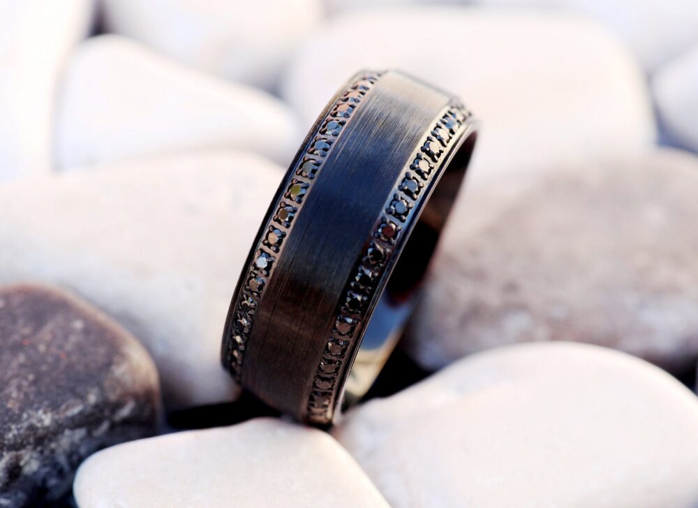 Black Diamond Wedding Band, Ring, Sapphire Engagement Men's Band, Domed Ring