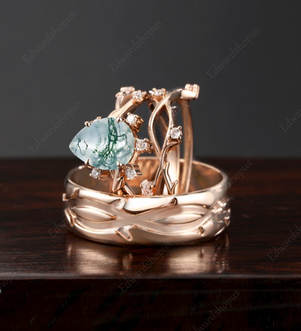 3Pcs Couples Ring Set For Men & Women, Men Wedding Band, Moss Agate Engagement Ring Set, Vintage Diamond Bridal Set