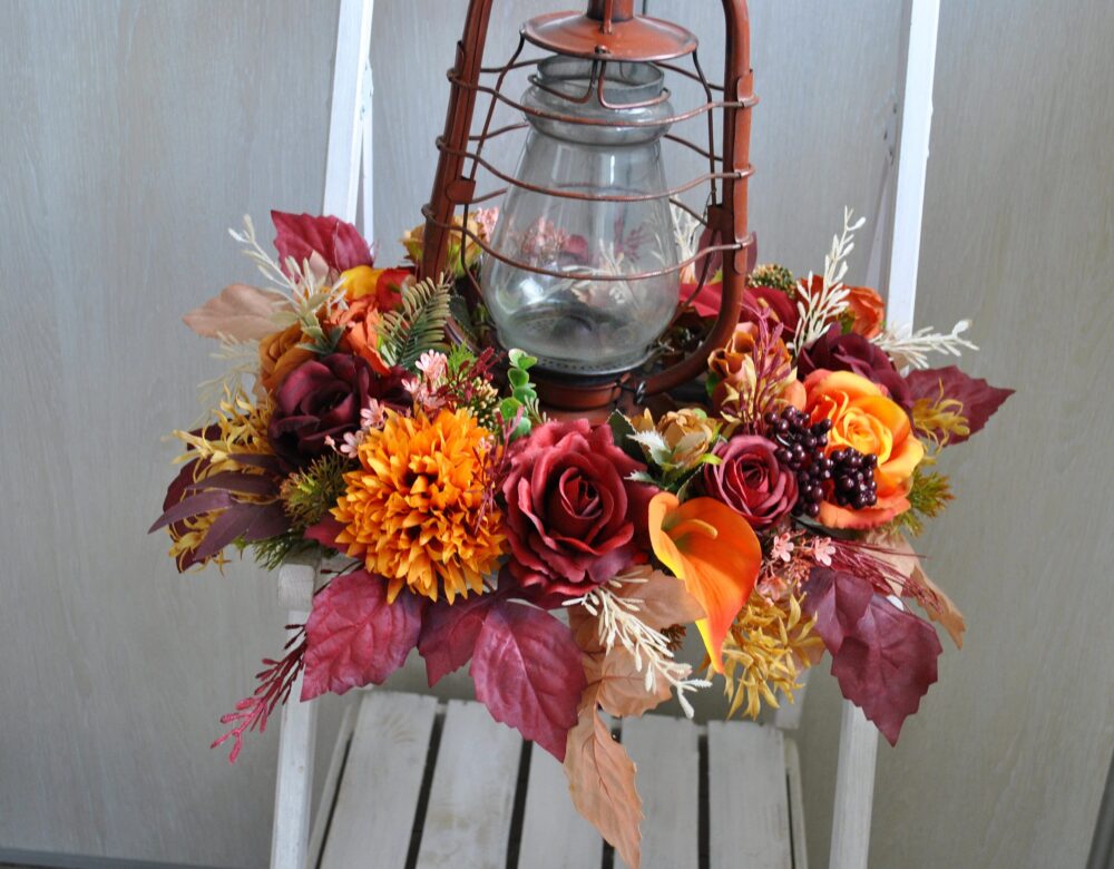 Burgundy Burnt Orange Centerpiece, Wedding Lantern Table Decor, Fall Wedding Flowers