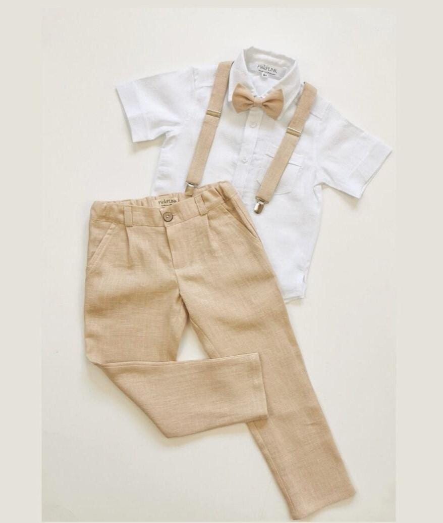 Boys Linen Ring Bearer Suit -Baptism Outfit - 4-Piece Toddler Page Boy Set With Shirt Wedding | Ages 2-10