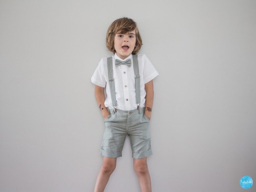 Boys' Wedding Outfit, Ring Bearer Suit, Baptism Toddler Suit - 2-Piece Sage Green Linen Outfit Shorts + Suspenders