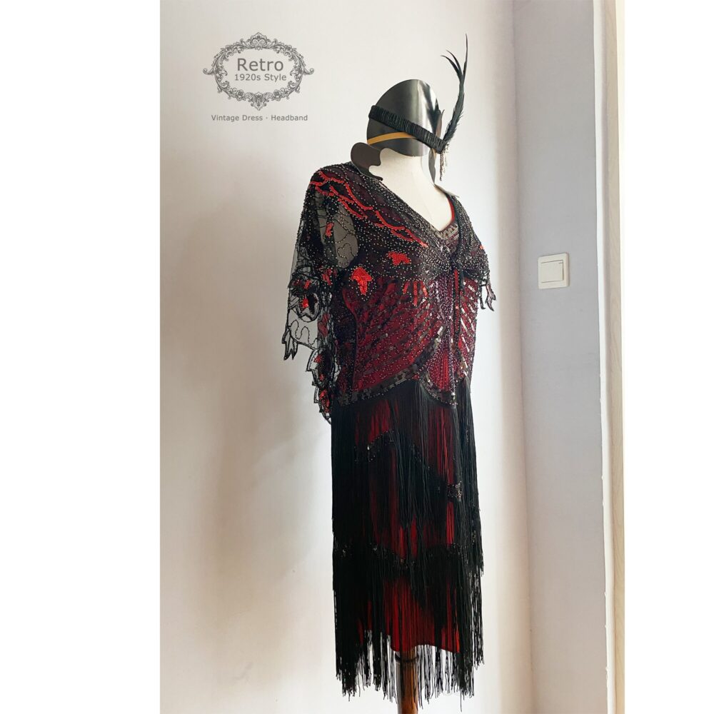 Plus Size Vintage Red Flapper 1920S Wedding Gatsby Sequin Beaded Cocktail Fringe Dress Roaring Cape Gown | 1 + 1 Headband