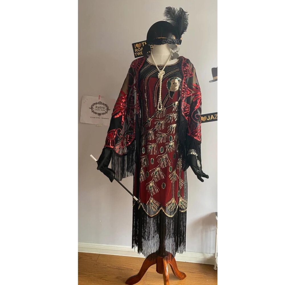 Red 1920S Women's Gatsby Costume Flapper Dresses V Neck Fringed Dress Sequins Peacock Beaded Embroidered Wedding Bridal Gown & Long Shawl