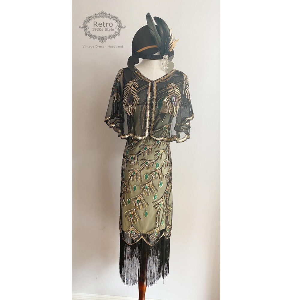 1920S Vintage Gatsby Beaded Sequins Peacock Flapper Dress Roaring Wedding Evening/Cocktail Party Capelet Gown | 1 Dress, 1 Capelet, 1Headband