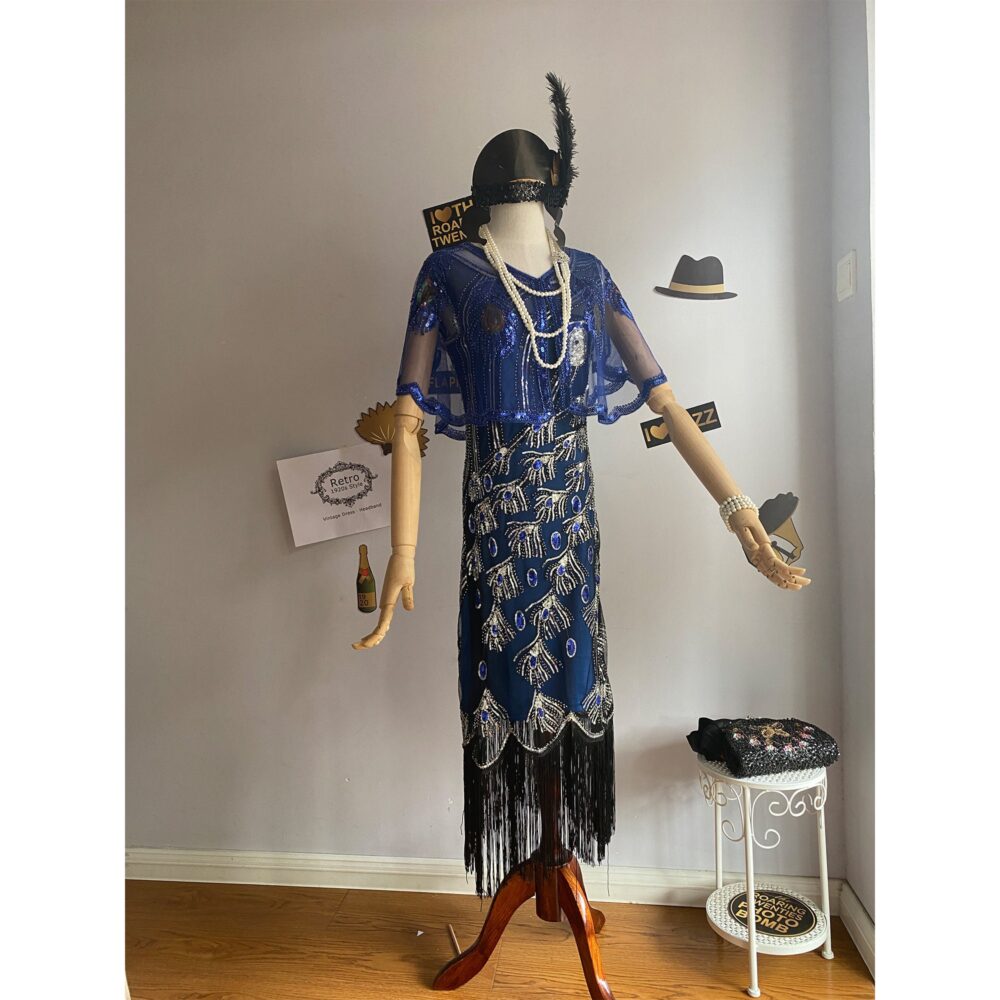 1920S Vintage Gatsby Beaded Sequins Peacock Flapper Dress Roaring Wedding Bridal Evening/Blue Cocktail Party Capelet Gown