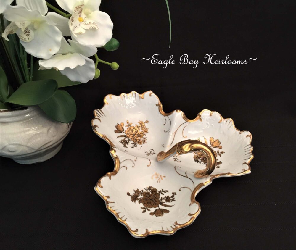 White & Gold 3-Section Divided Serving Dish, Roses, Gilt Handle, Embossed Details, #6037