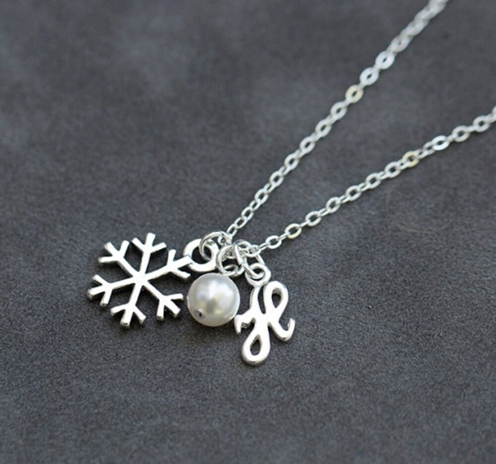 Winter Wedding Snowflake Necklace, Bridesmaid Jewelry Gift, Sterling Silver Initial Necklace With Pearl, Christmas