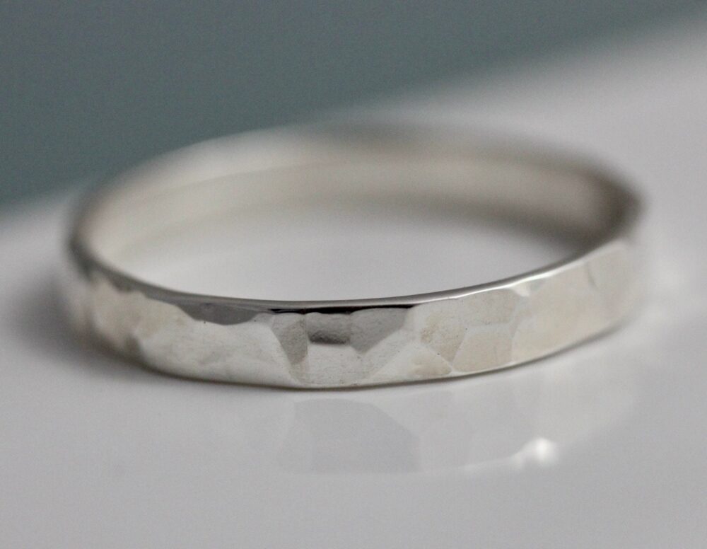 Hammered Silver Ring 3mm Flat Wedding Band Solid Sterling Smooth Shiny Or Brushed Matte Option Simple Stacking