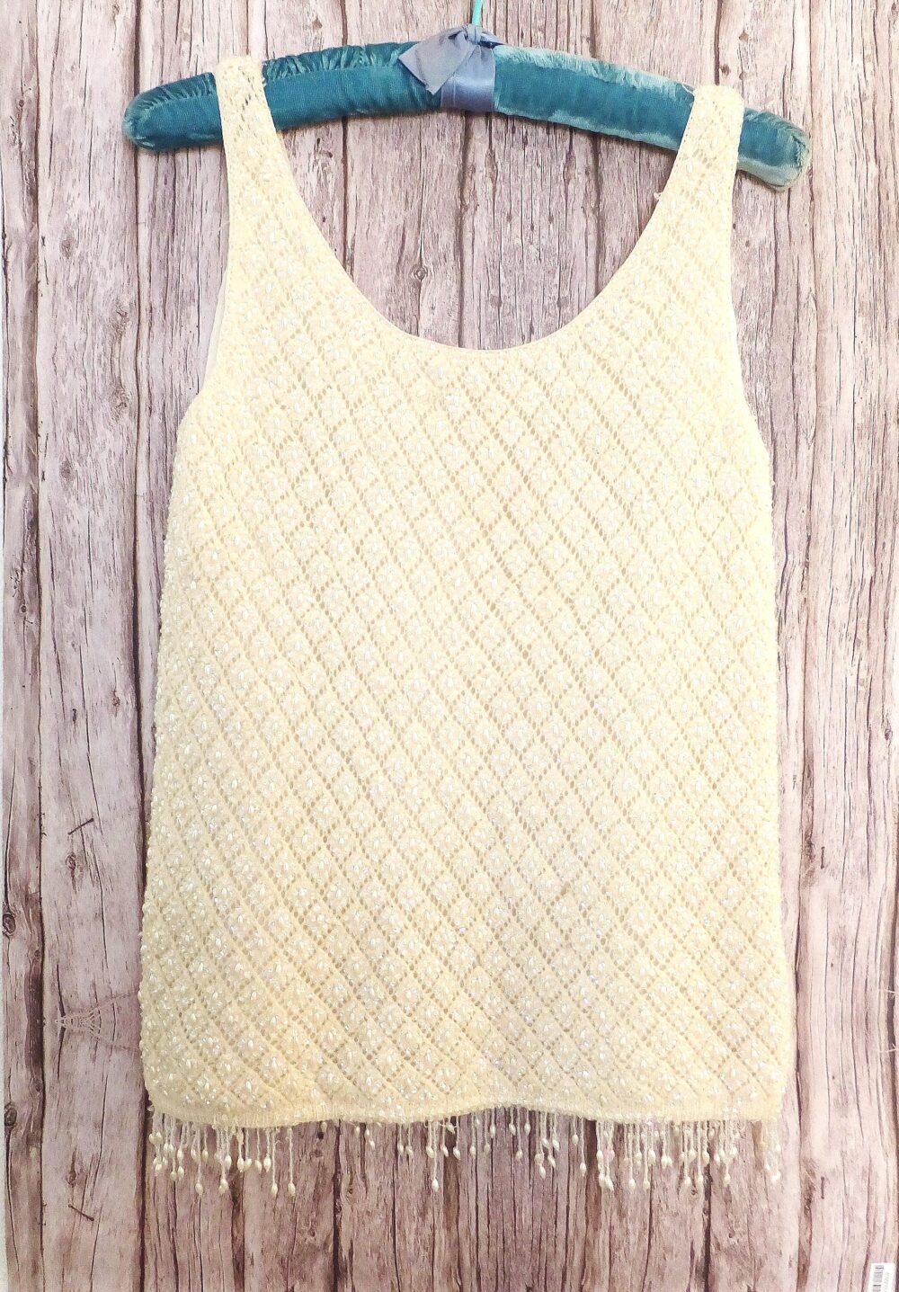 Beaded Sequin Sweater Tank Top in Pearly White Cream Mcm Mid Century Cocktail With Bead Fringe Vintage 1960's Wool Knit Womens Size 38
