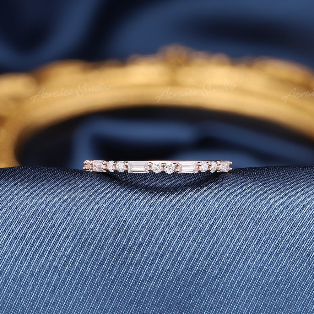 Baguette Wedding Band Rose Gold Diamond Ring Vintage Engagement Stacking Band Unique Half Eternity Bridal Gift For Women