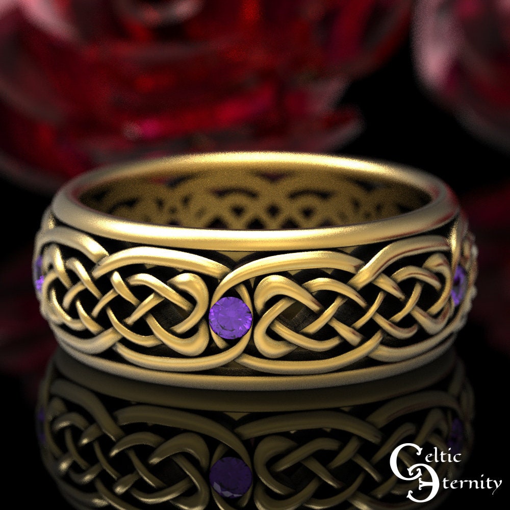Amethyst & Gold Wedding Band, Celtic Mens Ring, Or Platinum 1584