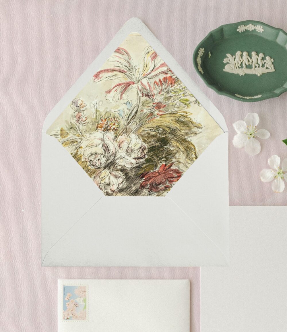 Whimsical Floral Fine Art Wedding Envelope Liner By Hebborn, Printed A7 Liners For Invitations - Set Of 25