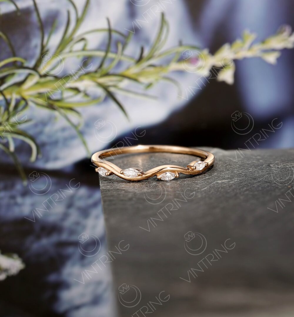 Dainty Marquise Moissanite Wedding Band, Leaf Diamond Ring, Solid Rose Gold, Vine Ring, Stacking Matching Band, Delicate Ring, Bridal Ring For Her