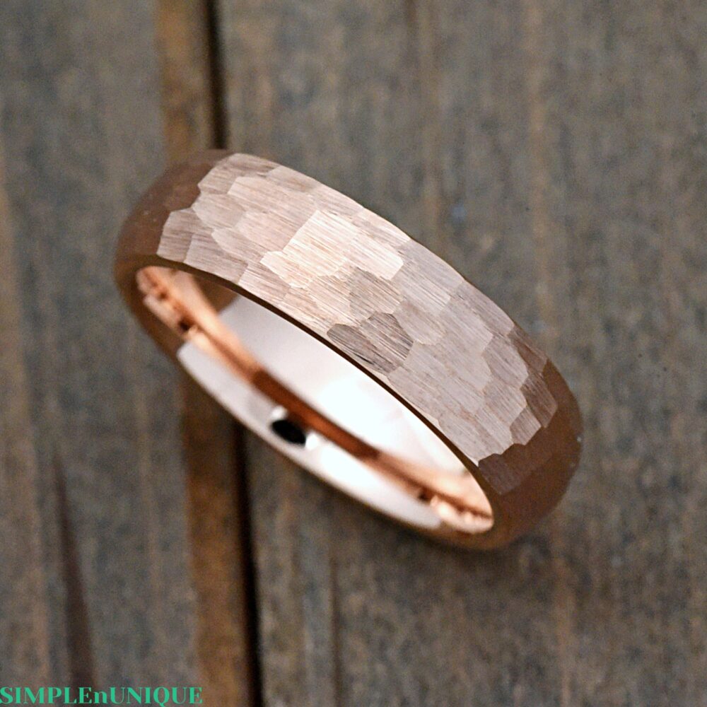 6mm Dome Rose Gold Plated Tungsten Carbide Ring Hammered Engraved Wedding Band Comfort Fit Promise Anniversary Gift