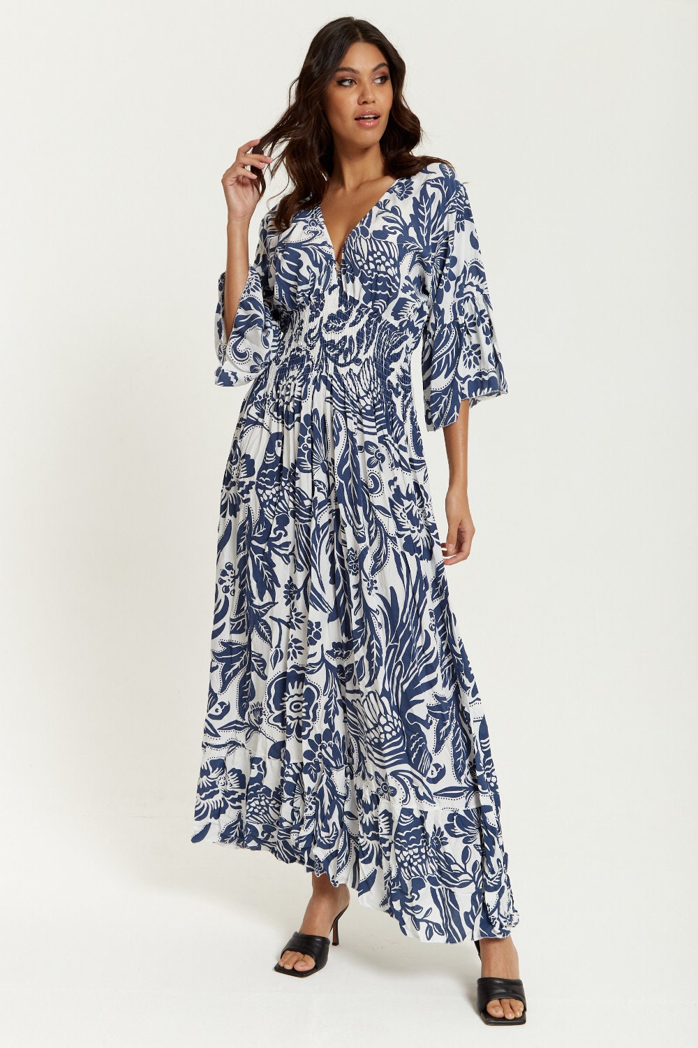 Breezy Maxi Dress With Sleeves, Deep V Neck Slim Relax Fit Ditsy Dress, Flowy Tier Beach Resort Wear, Breathable Lightweight Fabric