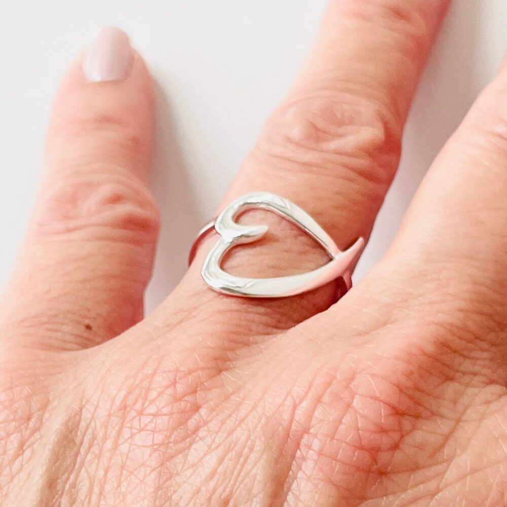 sterling Silver Large Heart Ring, Sideway Big Love Hearts Promise Ring