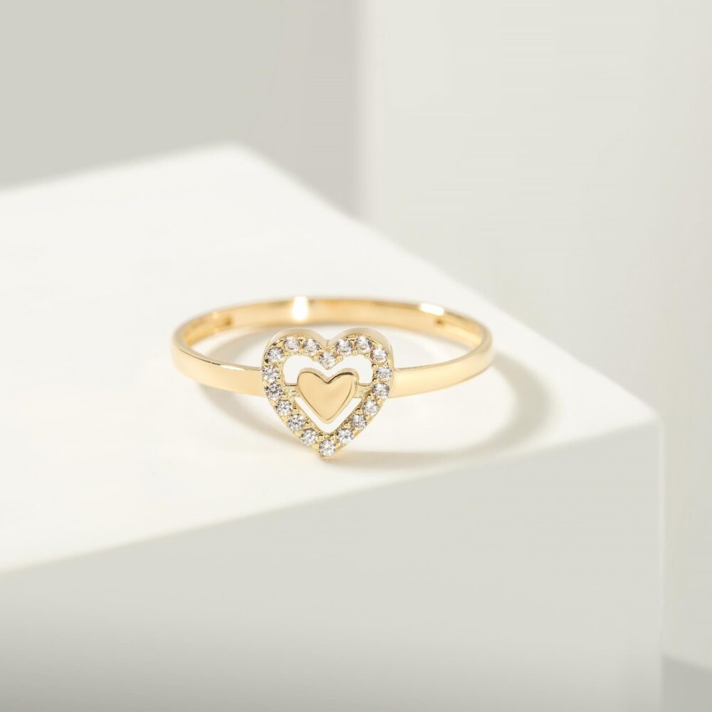 14K Solid Gold Twined Heart Ring, Open Double Ring With Small Simulated Diamond, Shaped Engagement Halo Wedding