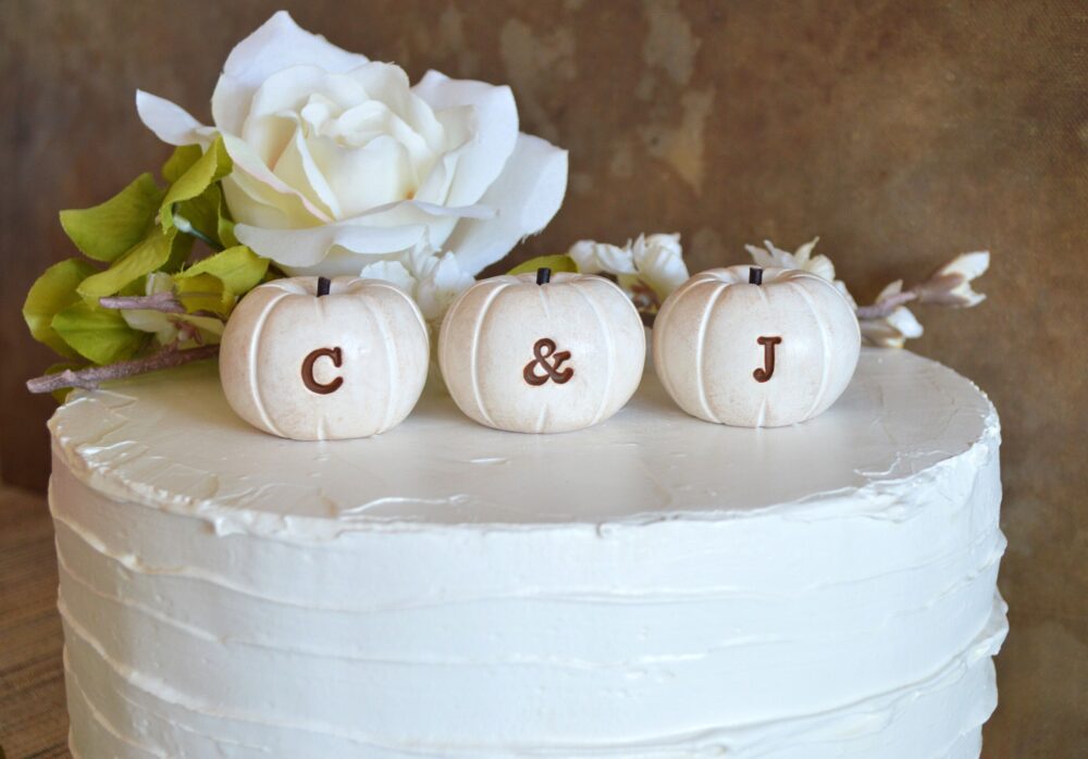 Custom Wedding Cake Topper White Pumpkins Bespoke Fall Autumn Reception Decor Personalized Initials Small Ceramic Fruit Art Gift Idea