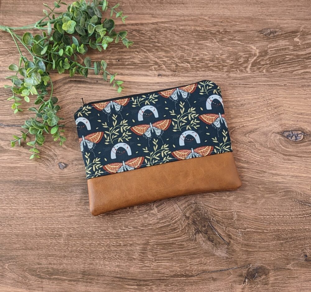 Boho Moth Makeup Bag Insect Cosmetic Bag & Travel Pouch, Vegan Leather