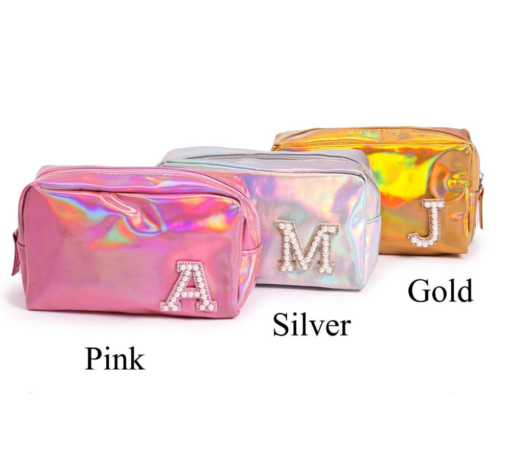 Bridesmaid Gift, Bachelorette Party Favors, Custom Pearls Makeup Bag, Personalized Cosmetic Holographic Toiletry Bag, Cosmetic Bag Pouch