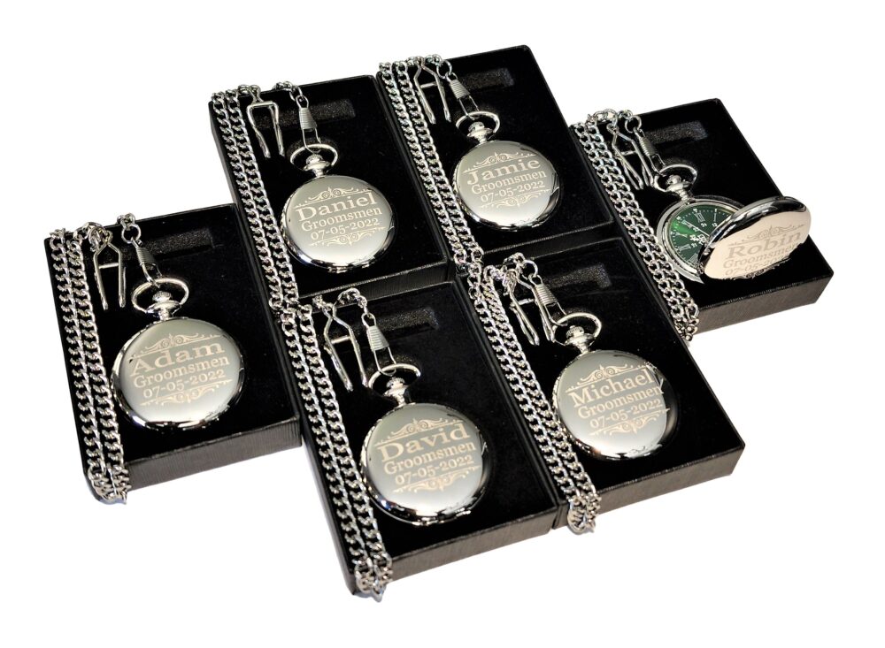 6 Personalized Pocket Watches - Green Dial With Silver Roman Numerals Comes Chain, Fitted Box & Engraving 7 Vintage Style Gifts