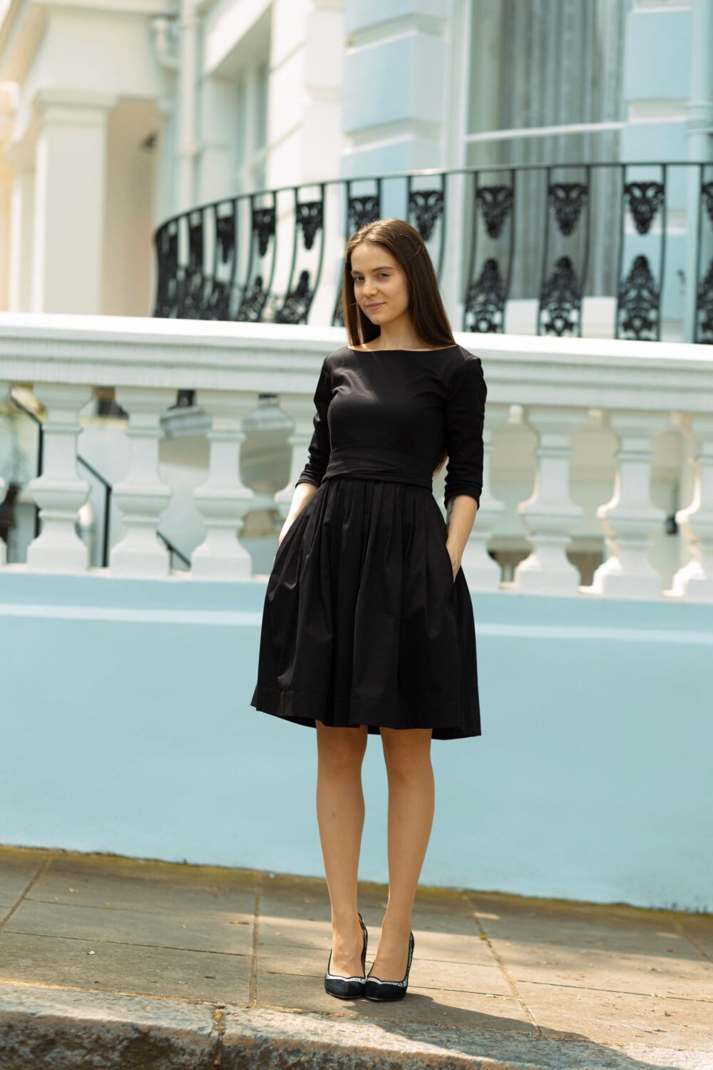 Little Black Dress - Modest Cotton Pleated Dresses With Bow & Pockets For Women Available in Different Custom Colors By Mrspomeranz