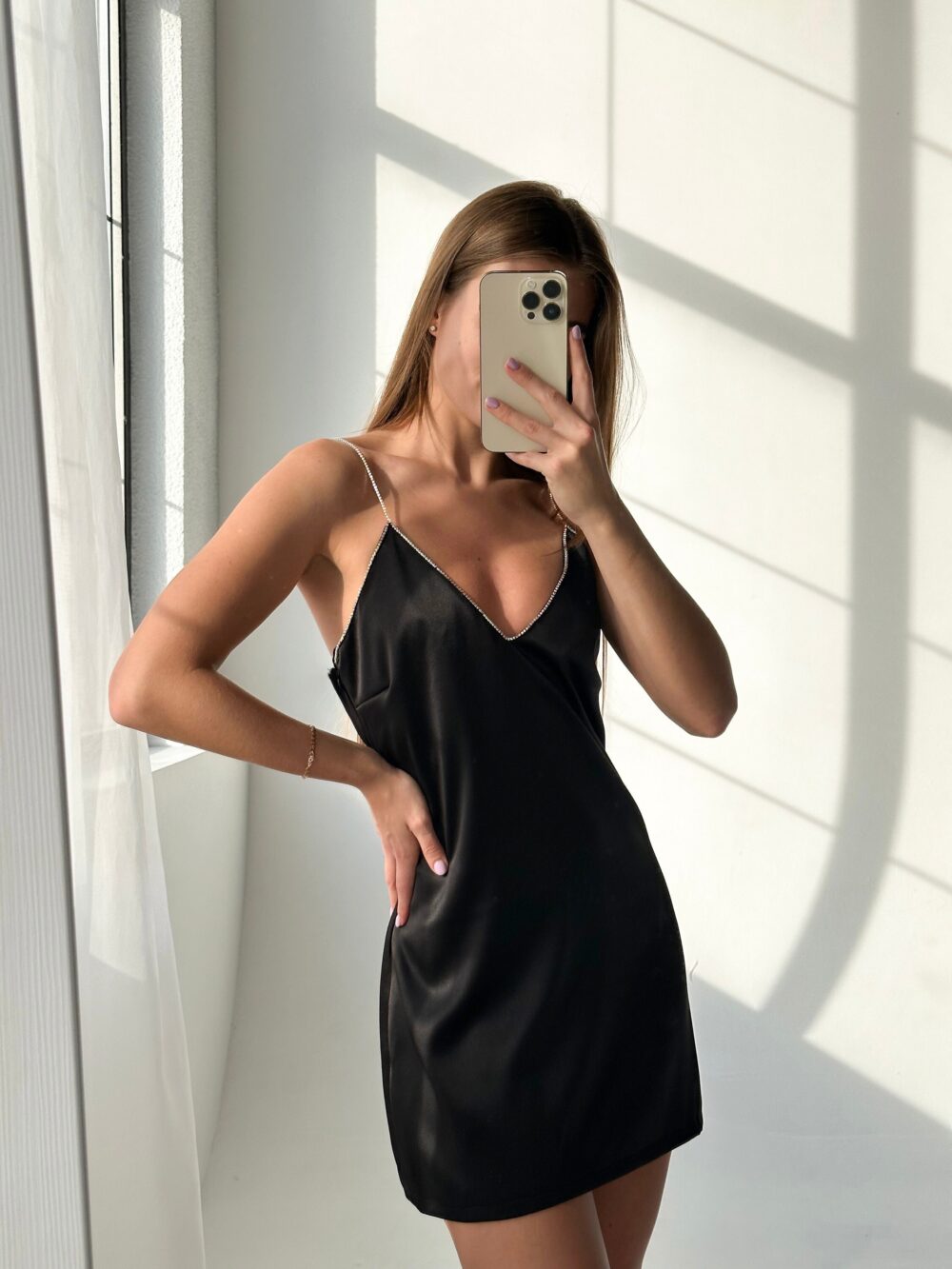 Satin Chic Little Black Dress With Dazzling Rhinestone Chain Straps For Evening, Party, Christmas, New Year Celebration, Gift Her