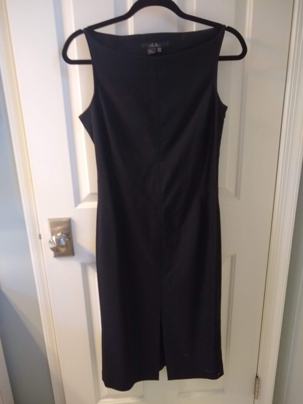 Vintage Little Black Dress, Wide Boat Neck Sleeveless Fitted Sheath, Size 8, Made in Spain, Machine Washable, Off The Shoulder