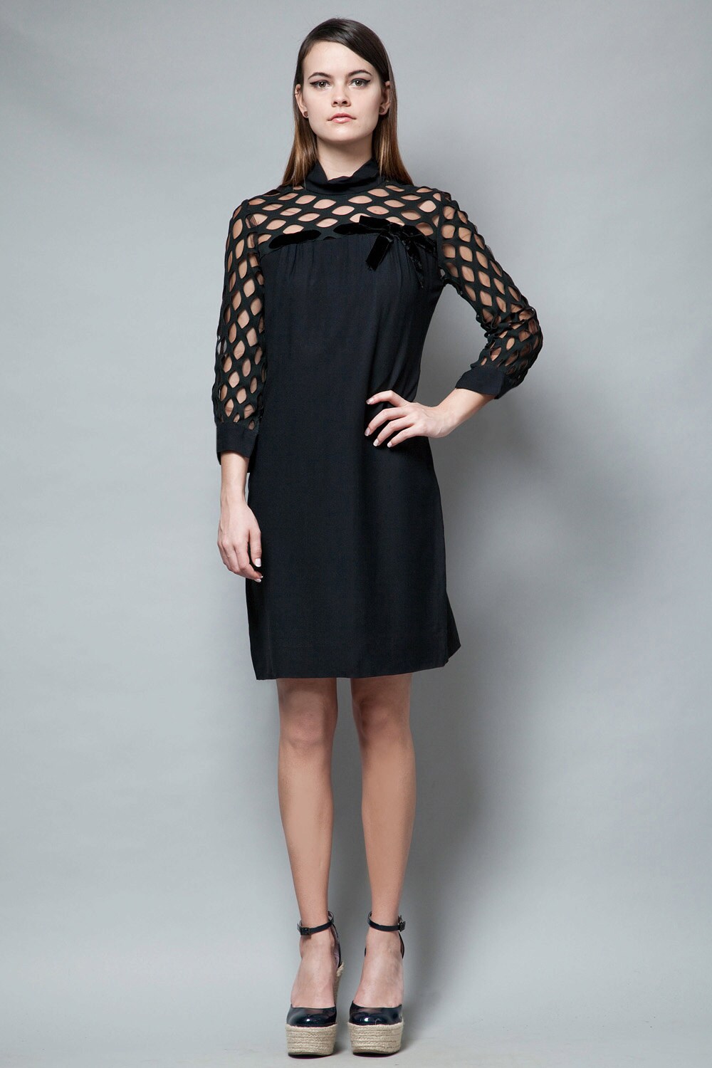 Little Black Dress lbd Vintage 50S Crepe Shift Eyelet Netting Illusion Lace M - Medium