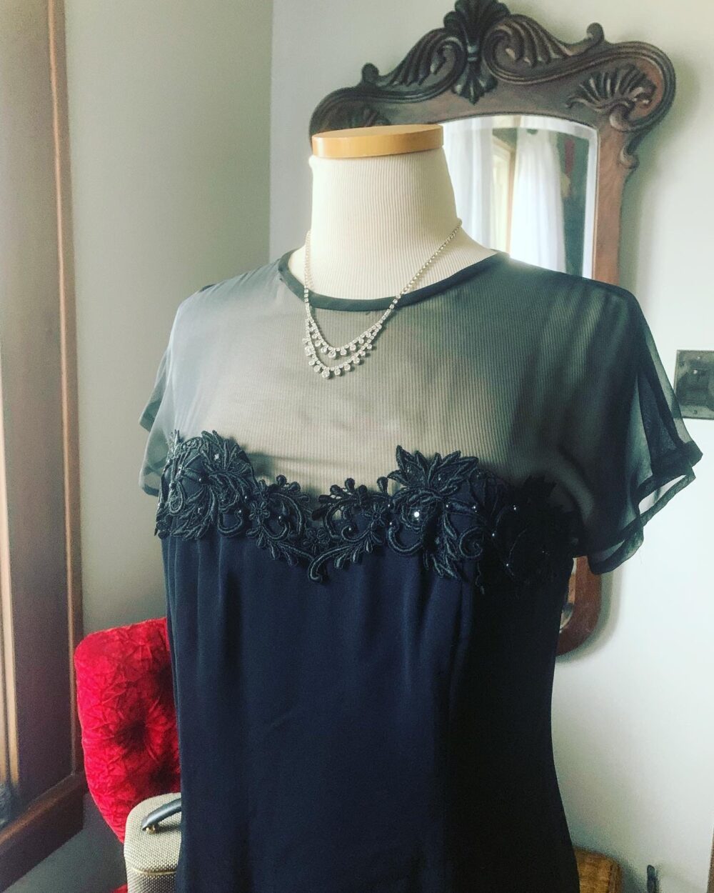 1990S Black Cocktail Dress, Vintage Little Size Medium Sweetheart Neckline, Illusion Sheer Yoke, 90S Formal Dress